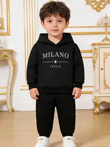 Spring Autumn Baby Boy Letter Print Fleece Hoodie and Pants Set, Cute Two-Piece, Toddler Boys' Casual Wear