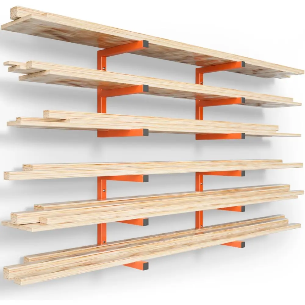 Industrial Powder Coated Heavy-Duty Steel Wall-Mount Wood Organizer & Lumber Storage Rack, 6-Level Shelves, 1200 LBS Capacity, Fully Assembled, Space-Saving, for Garage Indoor & Outdoor Use, Orange