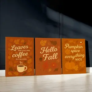 3pcs Autumn Leaves Wall Art, Cozy Coffee Poster, Fall Greetings Art Prints, Pumpkin Spice Home Decor, Modern Wall Paintings, Cozy Canvas Posters Wall Arts, Decor for Living Room, Restaurant, Kitchen, Bedroom, Housewarming Gift, With Frame