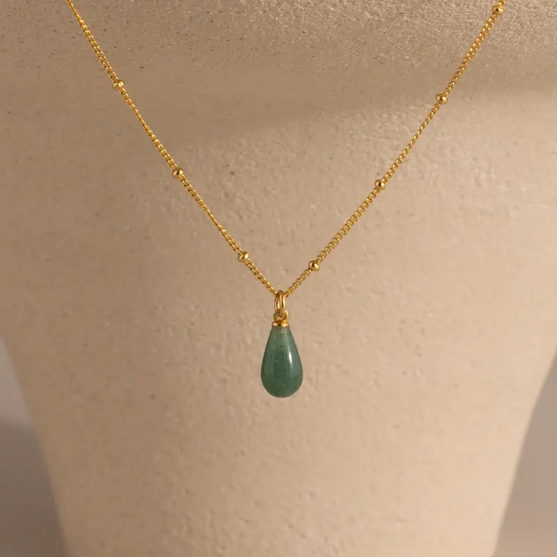 Jade Drop Necklace by Caitlyn Minimalist - Dainty Teardrop Gemstone Pendant Necklace on Beaded Satellite Chain - Green Jade Jewelry - Gift for Her