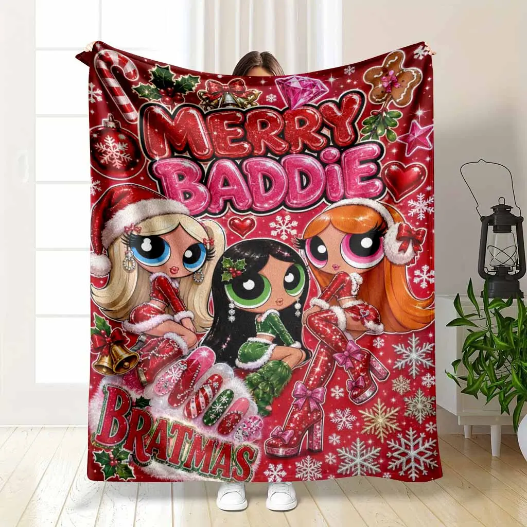 Merry Baddie Bratmas Flannel Blanket Y2K Cartoon Girls Christmas Throw Ultra Soft Red Festive Winter Holiday Room Decor Best Friend Gift