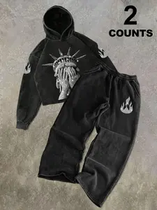 Vintage Washed Cotton Hoodie + Straight Leg Pants Set, Lady Liberty & Cross Pattern, Unisex Street Style Y2K Casual Fashion