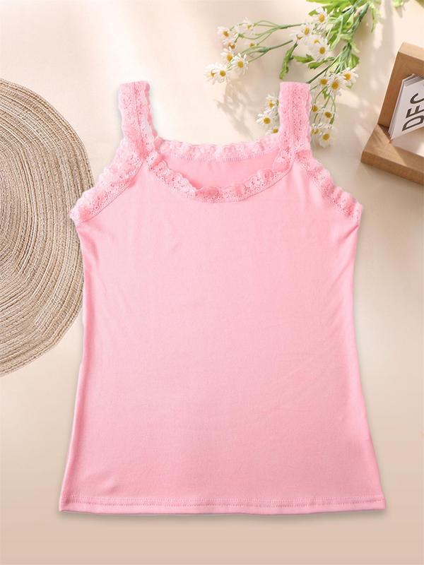 Women's Solid Color Pajama Top, Casual Comfortable Lace Trim Sleeveless Pajama Top Camisole Tops for Daily Wear, Ladies Sleepwear for All Seasons