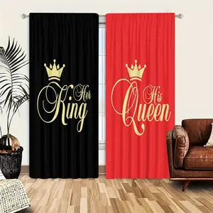 King Queen Print Curtains Set of 2, Rod Pocket Design, Easy to Hang, Semi-Transparent Privacy Drapes, Window Curtain, Polyester Fiber, Home Decor