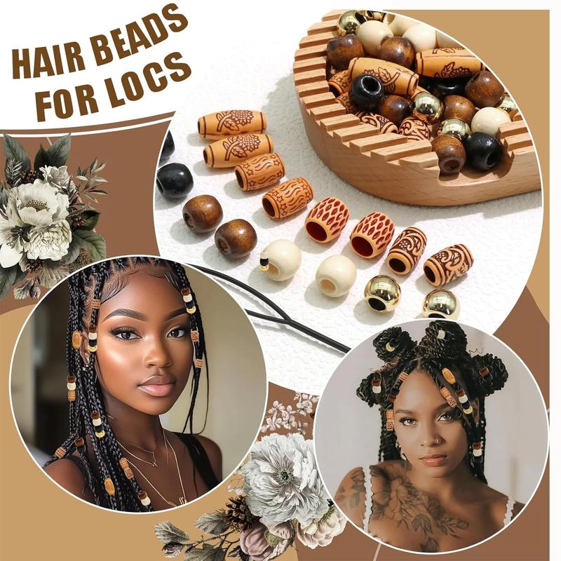 60Pcs Wooden Hair Braid Beads Multi Shape Gold Hair Jewelry for Braids Loc Dreadlock Accessories Hair Tube Decoration Hair Cuffs DIY Braid Clips for n and Men