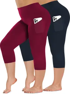 2 Pack Women’s High Waisted Capri Leggings with Pockets, Soft Stretch Tummy Control Yoga Pants, Solid Color Slim Fit Workout Running Athletic Casual Everyday Wear for Women