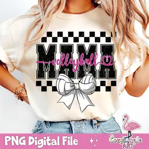 Retro Checkered Volleyball Mama Tee, Coquette Game Day Volleyball Mom Shirt Design, Trendy Volleyball Art, Varsity Mama Tee