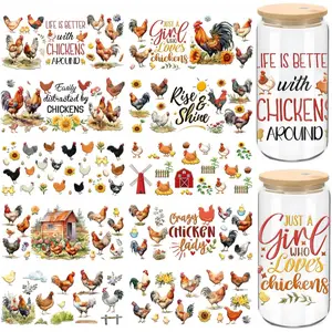 UV DTF Cup Wrap - 10 Sheets Chicken UV DTF Cup Wraps for 16 OZ Farm UVDTF Cup Wraps Animal UV DTF Wraps Waterproof UV DTF Stickers for Glass Cups