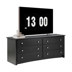 59-Inch Wooden TV Stand Dresser with 6 Drawers, Multi-Functional Media Console & Chest of Drawers, Sturdy Wood Construction with Elegant Black Finish, Spacious Storage for Bedroom, Living Room or Entryway