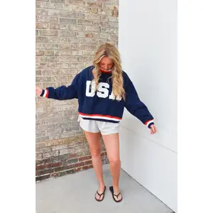 USA Letter Print Contrast Trim Mockneck