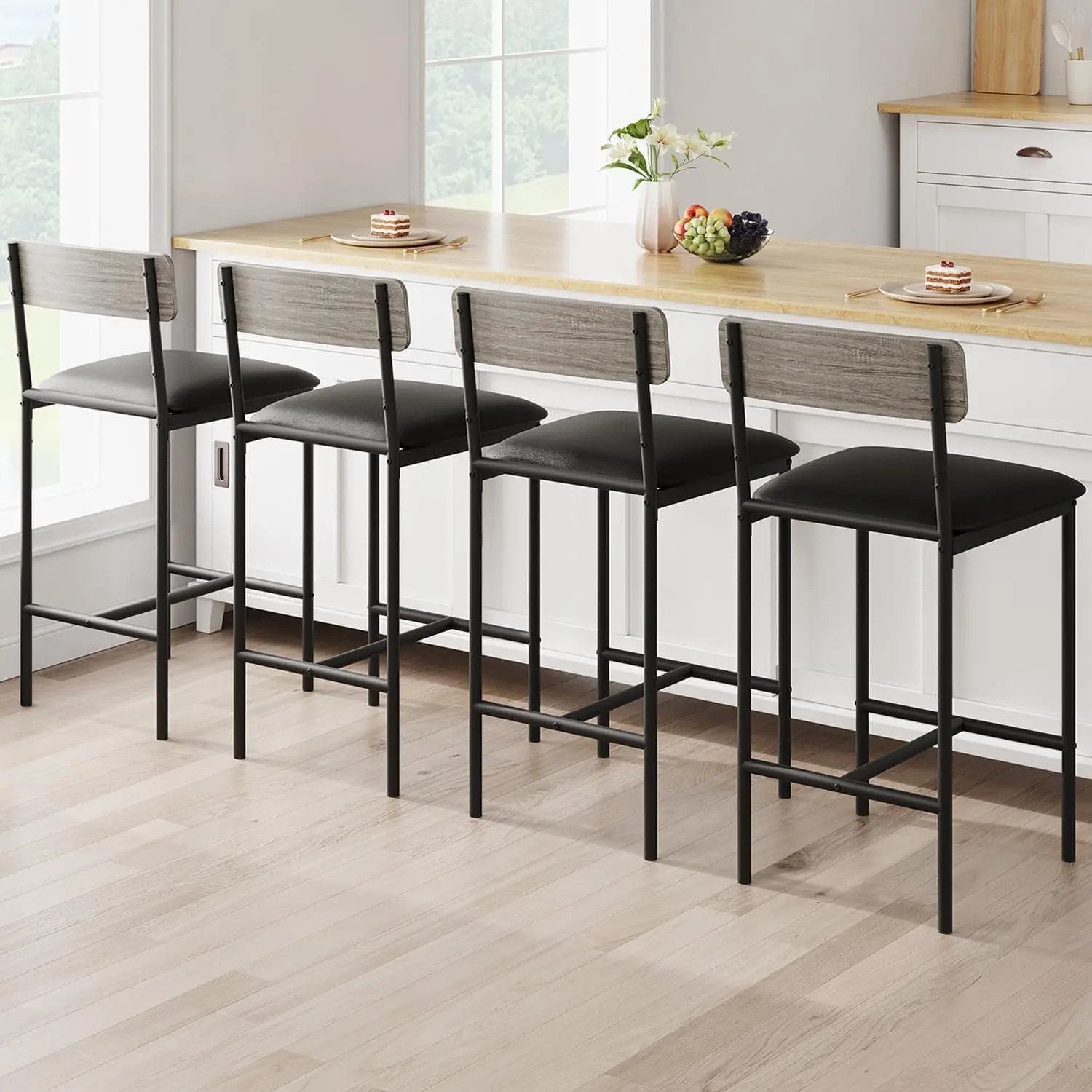 Set of 4 Upholstered Bar Stools – 25.5" Counter Height Chairs with Backrest & Footrest – Easy Assembly – Rustic Gray Finish – Perfect for Kitchen Island, Counter, Dining Room