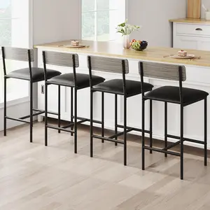 Set of 4 Upholstered Bar Stools – 25.5" Counter Height Chairs with Backrest & Footrest – Easy Assembly – Rustic Gray Finish – Perfect for Kitchen Island, Counter, Dining Room