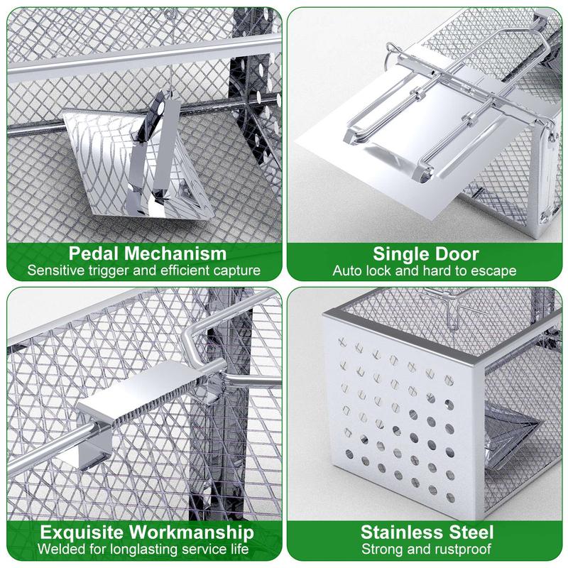 Stainless Steel Rodent Trap - High Sensitivity Pedal Auto-Locks Door, Humane Live Capture - Safe, Durable, Indoor/Outdoor Versatile Placement, Easy to Use