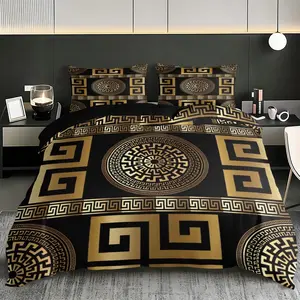 3pc Ancient Greek style gold black geometric pattern printed quilt cover set, including 1 quilt cover and 2 pillowcases (excluding pillow core), made of polyester material, machine washable, a gift for friends, suitable for all seasons.