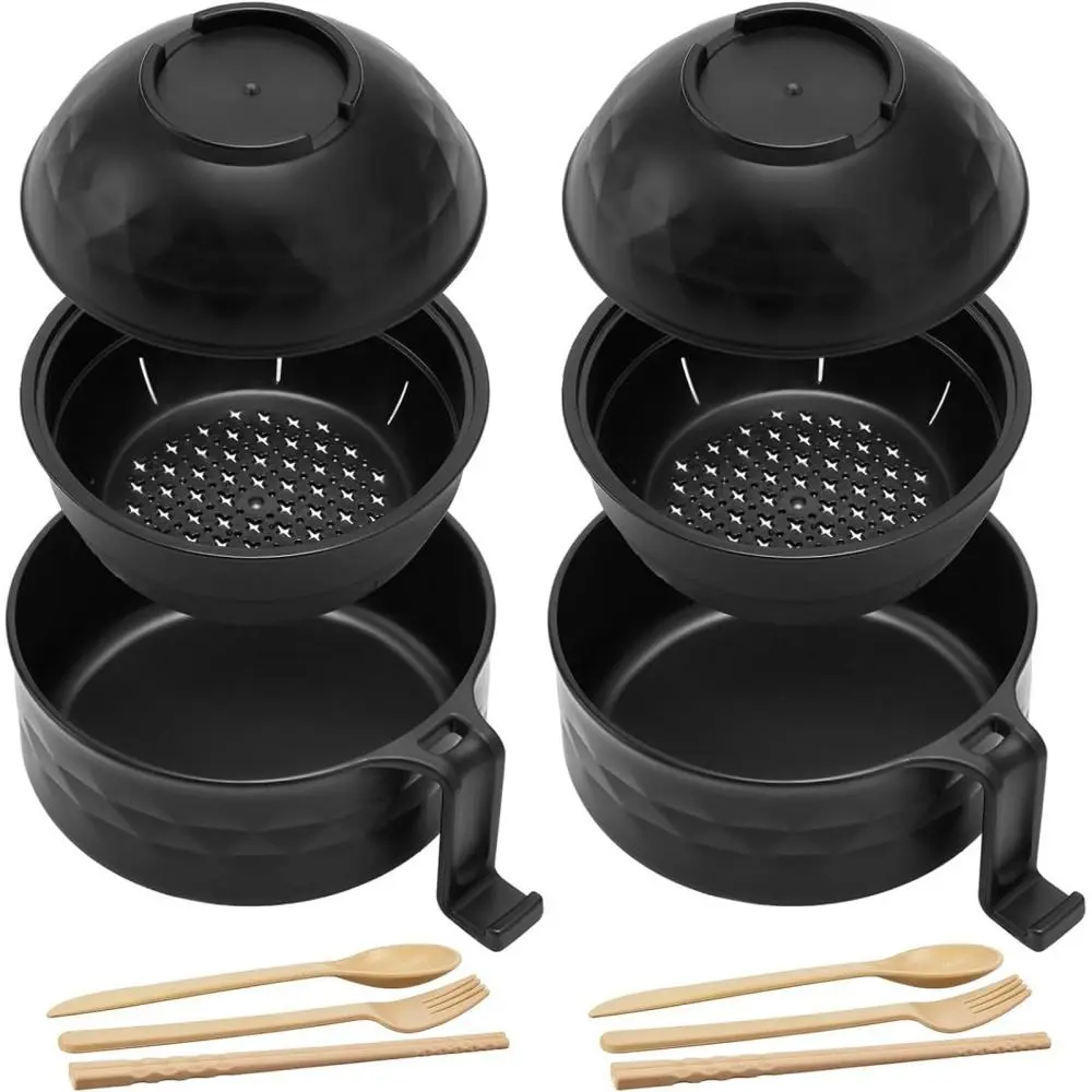 Portable Dual Handle Wheat Straw Noodle Tableware, Strainer Lid Included Complete Cutlery for Travel Camping(Top bowl-Black*2）