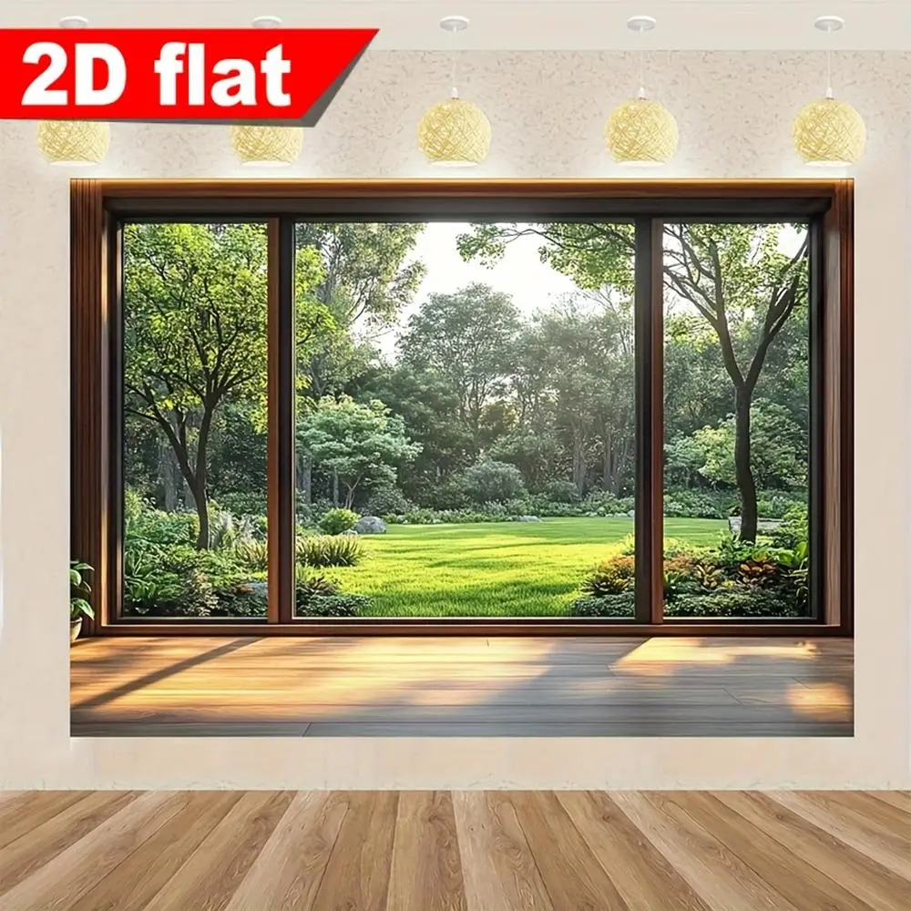 1pc 2D Flat Polyester Window Scene Wall Hanging Backdrop - Multicolor Print Realistic Natural Scenery Party Decorations Banners, Indoor/Outdoor Wedding Party Backdrop for Happy Birthday Events