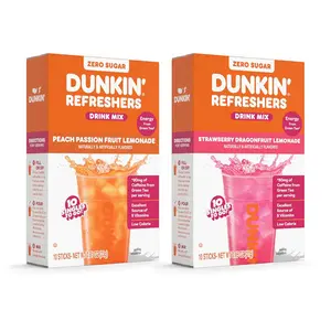 Dunkin’ Refreshers Singles To Go! Powdered drink mix packets, Strawberry Dragon fruit Lemonade, Peach Passionfruit Lemonade