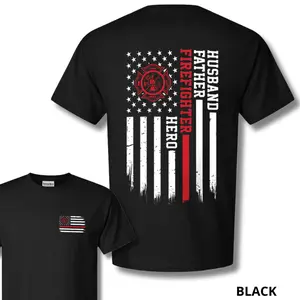 Firefighter Dad T-Shirt, Thin Red Line Patriotic Graphic Tee, Soft Cotton Blend Shirt, Fireman Hero Apparel for Husband & Father, American Flag First Responder Gift Classic Menswear