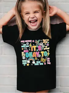 Girls' Cartoon Print Fitted Tee, Graphic Shirt, Funny Graphic Tee, Soft & Comfortable Design, Ideal for Everyday Wear, Perfect Gift for Girls Ages 8-9 Years Old