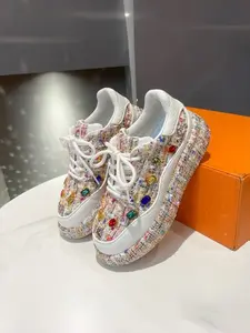 European Style Full Rhinestone Colorful Gem Small Charming Weave Thick Sole Bread Shoes, Fashion Non-Matching Foot Shortening Versatile Casual Trainer Sneakers