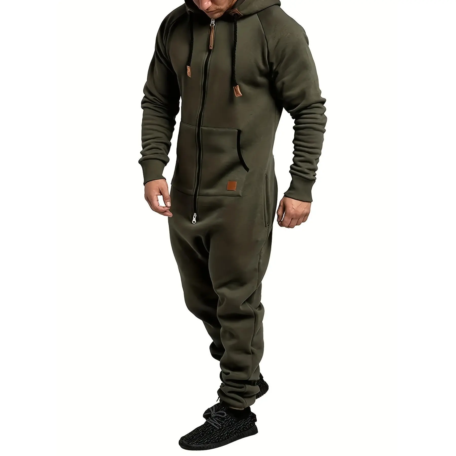 [Casual | Polyester] Casual Polyester Men's Hooded Fleece Lined Full Zip Jumpsuit |   Solid Color, Slight Stretch, with Kangaroo Pocket |   for Spring/Fall Sports & Casual Style