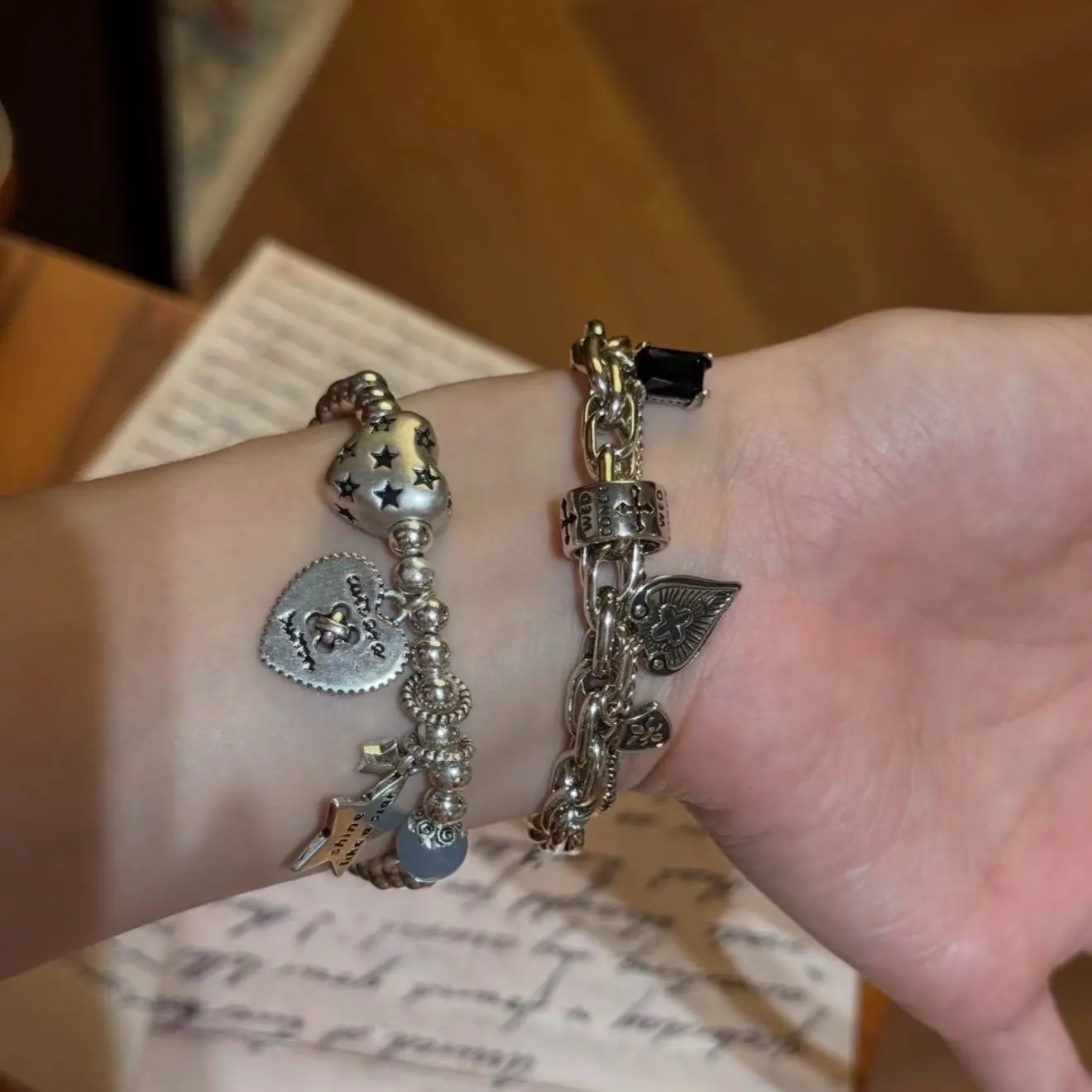 925 Silver Retro Punk Charm Bracelet with Heart - Star Accents, Trendy Cool Girl Arm Candy Accessory for Daily Wear, Retro Grunge Bracelet Stacking Gift for Bestie, Wrist Jewelry Gift, Arm Candy Accessories, Heart Charm, Heart Accent Bracelets & Bangles