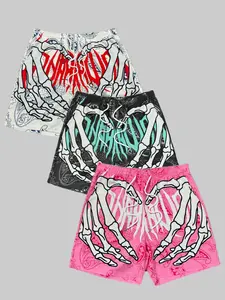 3-Pack Men's Skull Hand Heart Print Beach Shorts, Quick-Dry Multi-Color Vacation Casual Sports Pants, Comfortable Summer Swimwear