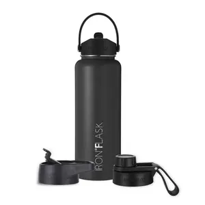 IRON FLASK 40oz Straw Stainless Steel Insulated Water Bottle 3 Lids, Black