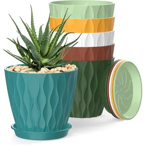 6 Pack 4-Inch Indoor Plant Pots with Drainage Holes and Trays, Colorful Small Planters for Orchids, Succulents, Herbs, and Other Indoor Plants