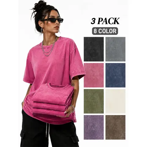 Women's Oversized Vintage Plain Tee - 3 Pack 240g Heavyweight 100% Cotton, Acid Wash, Crew Neck Short Sleeve, Breathable Foldable,Womenswear Menswear Top, Unisex Casual Retro Streetwear for Everyday Wear, Oversized Tee, Fall Clothes
