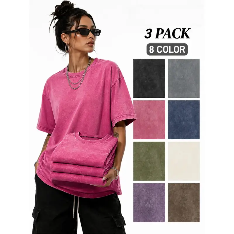 Women's Oversized Vintage Plain Tee - 3 Pack 240g Heavyweight 100% Cotton, Acid Wash, Crew Neck Short Sleeve, Breathable Foldable,Womenswear Menswear Top, Unisex Casual Retro Streetwear for Everyday Wear, Oversized Tee, Fall Clothes