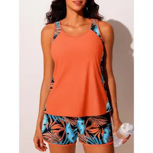 Women's Conservative Shorts with Pocket Design, Two-Piece Floral Pattern Tankini Set, Modest Floral Style, Sleeveless, All Seasons