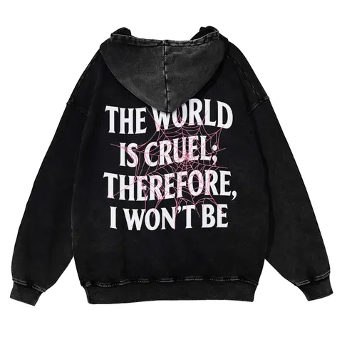 Menswear Cotton Soft Oversize Casual 380g Men's Longsleeve Graphic Hoodie - DTG Print "The World Is Cruel; Therefore, I Won't Be", Pink Spiderweb Overlay, Vintage Washed Relaxed Fit, Streetwear Autumn Top for Jeans