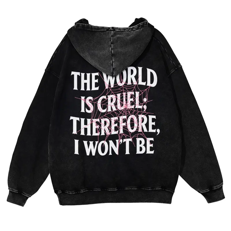 Menswear Cotton Soft Oversize Casual 380g Men's Longsleeve Graphic Hoodie - DTG Print "The World Is Cruel; Therefore, I Won't Be", Pink Spiderweb Overlay, Vintage Washed Relaxed Fit, Streetwear Autumn Top for Jeans