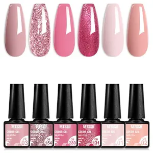 MTSSII Pink Nude Gel Nail Polish Set, 6pcs Cherry Blossom Pink Glitter Sequins Semi Permanent Base Matte Top Coat Soak Off LED UV Nail Art Design Gel Varnish, Pink Soft Gel, Diy Manicure, Gel Topcoat