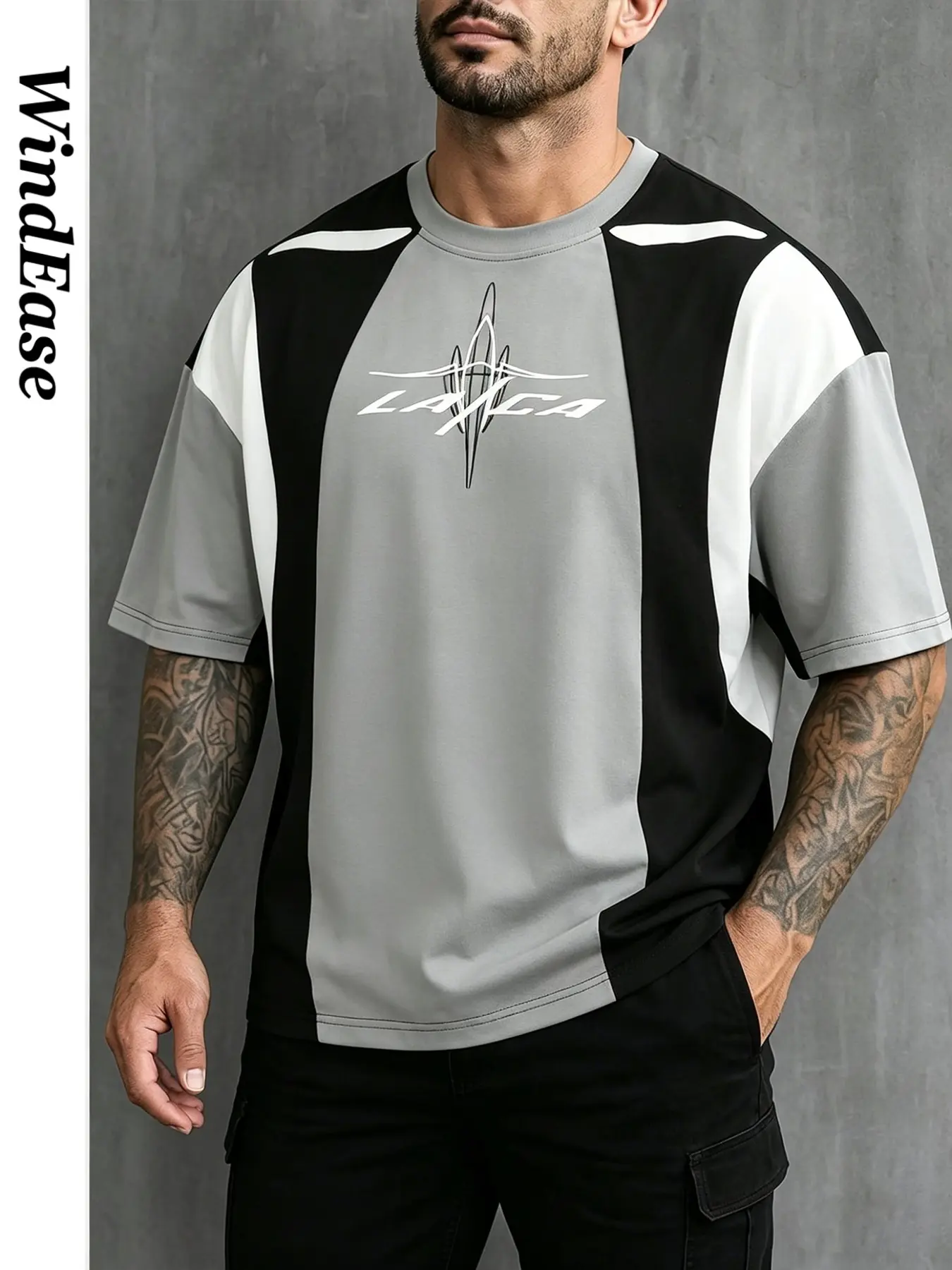 Minimalist Colorblock Loose T-Shirt, Casual Sporty Shirt, Futuristic Letter Print Sporty Short Sleeve, Men's Streetwear Sportswear Top