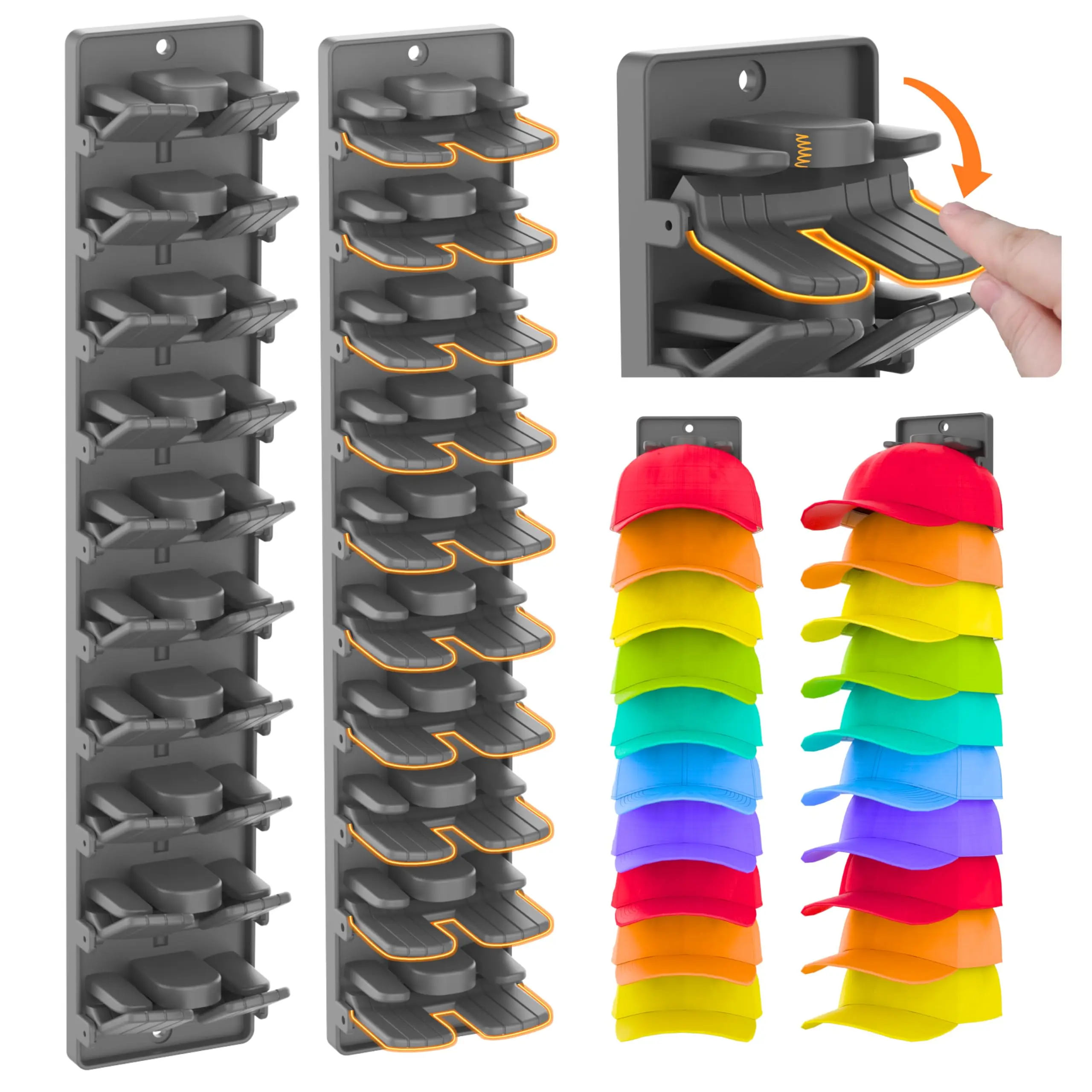 2-Pack Industrial ABS Hat Organizer with Built-in Auto-Hold Spring Clips - Wall-Mounted Hat Hangers with Strong Adhesive Tape & Screws, Closet Shelves Storage, Matte Black Home Decor, Gift Boxed