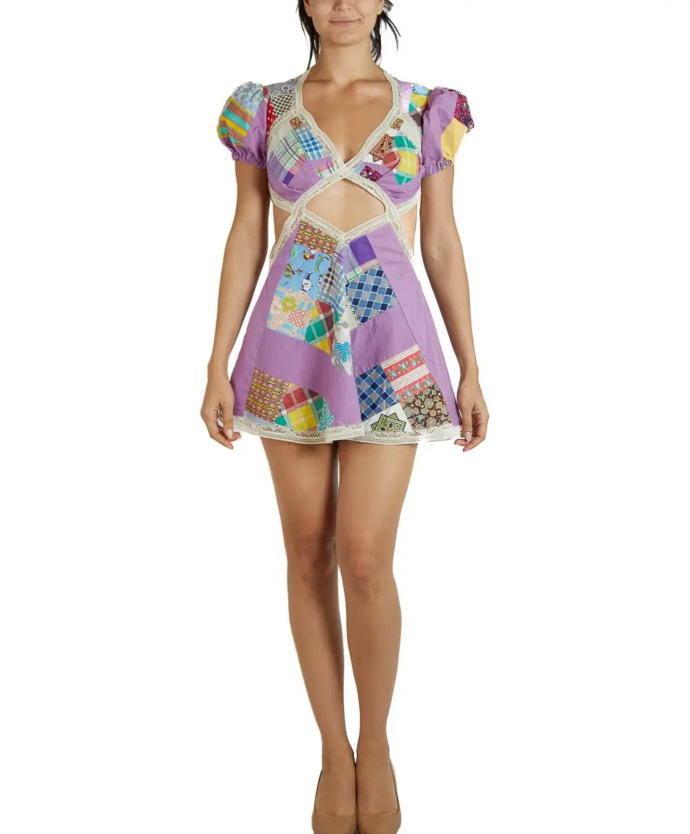 MORPHEW COLLECTION Purple Cotton & Vintage Lace Patchwork Quilt Dress