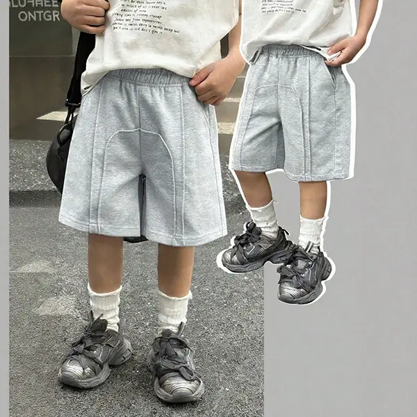 Teen Boys Heather Gray Seam Stitch Knee Length Sweat Shorts, Elastic High Waist Loose Multi-Seam Casual Summer Streetwear Bottoms For Back To School Daily Wear