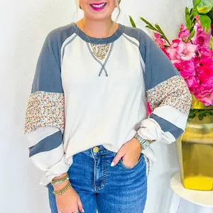 White Floral Patchwork Waffle Knit Raglan Top