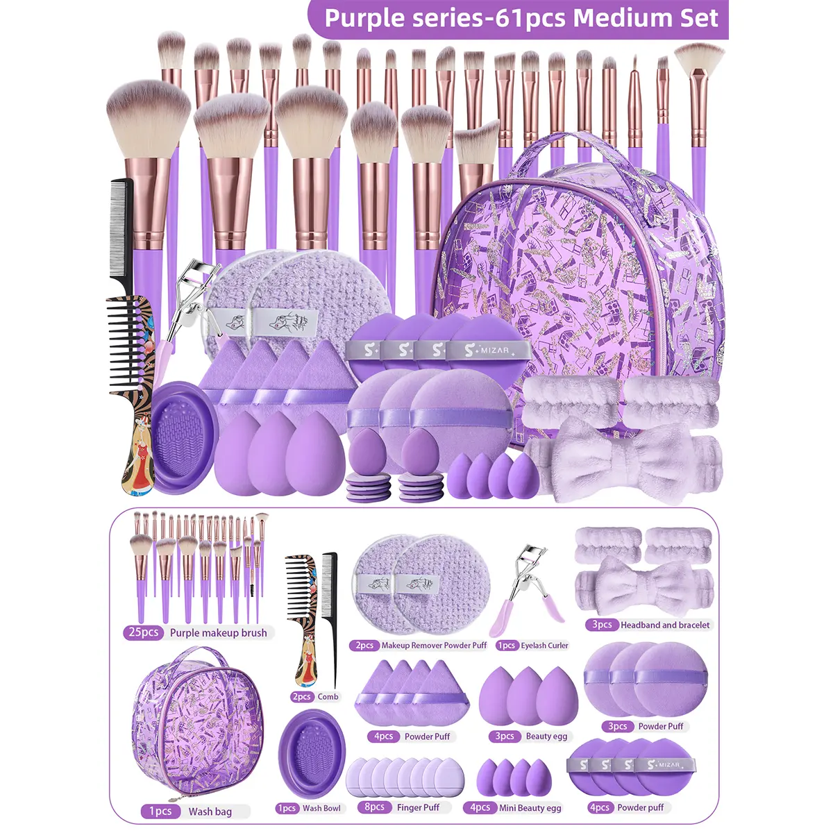 61Pcs Lavender Purple All-In-1 makeup brushes set - Reusable Remover Pads, Glitter Transparent Portable Travel Cosmetic Bag - Full Starter Beauty Bundle Gift Set for Makeup Beginners, Daily Skincare & Travel Use makeup brushes set