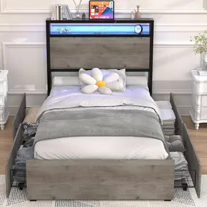 Twin Size Bed Frame with 4 Storage Drawers, LED Platform Bed with Storage Headboard, Built in Charging Station, Noise-Free, Metal Support Base, No Box Spring Needed, Gray