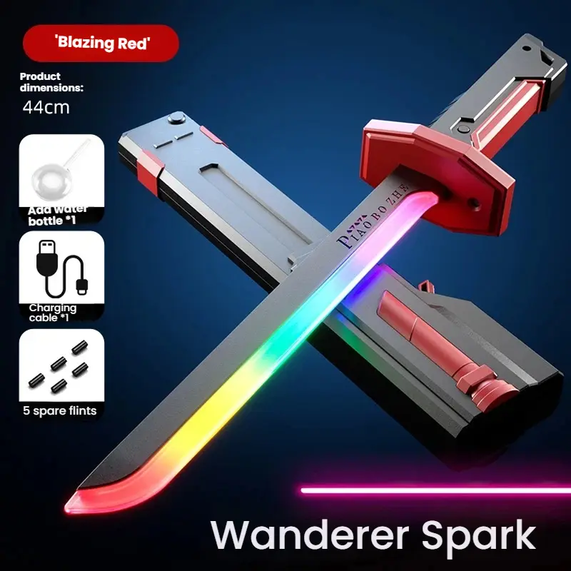 Children’s Day Gift Starlight Sword Toy, Retractable Spark Saber with Light Music Spray, Interactive Hobby Play Toy for Kids Boys Girls (Red/Silver) BeyBattle Set Launchers