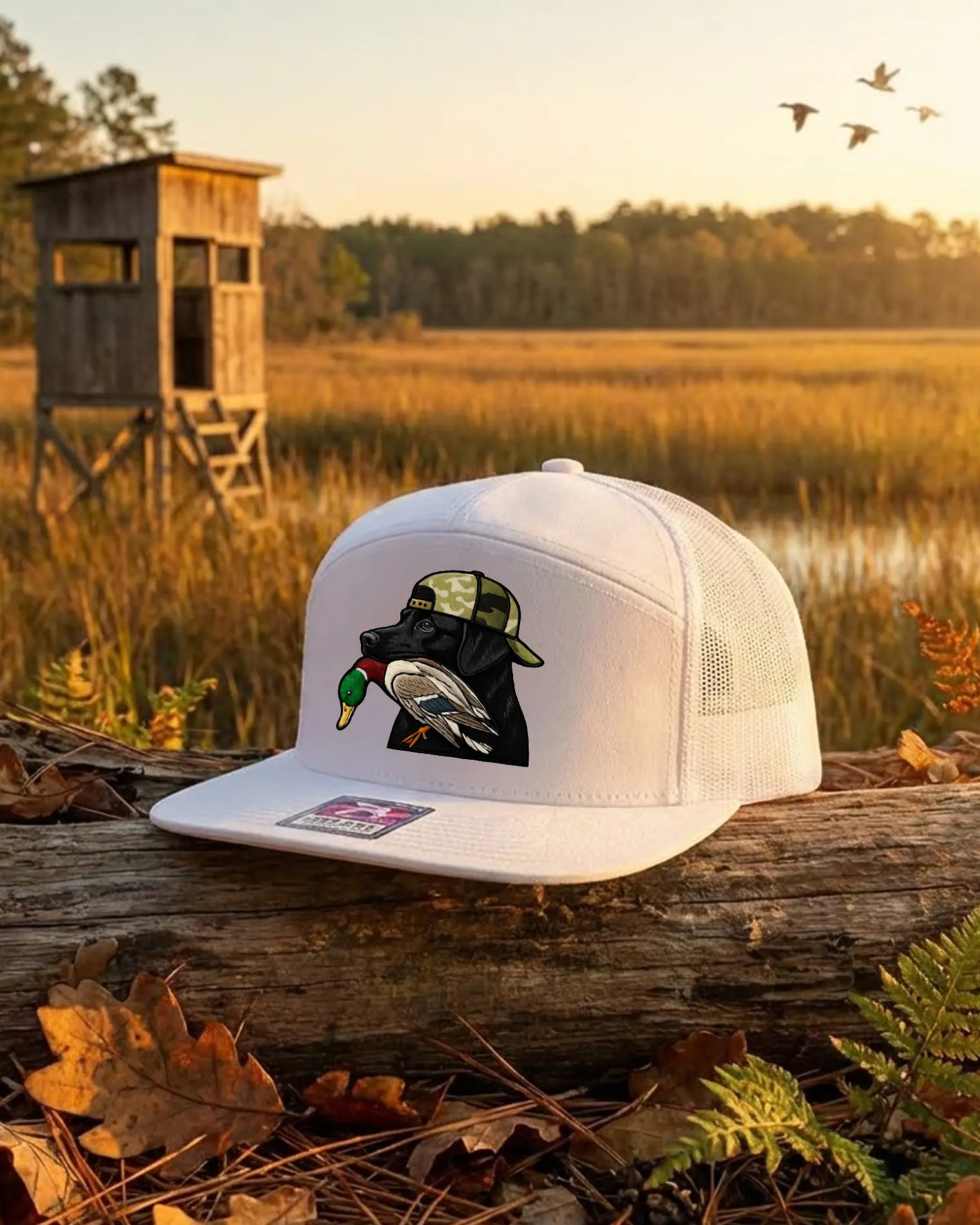 [ Best 2026 ] Black Lab Duck Hunting Trucker Hat, White Mesh Snapback Cap, Embroidered Labrador Retriever Hunting Hat, Waterfowl Gift for Men
