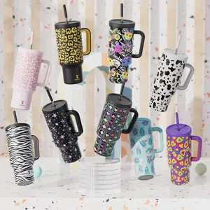 40oz Patterned Straw Handle Cup, 1 Count Multi-grid Ice Cube & Leak-proof Cup Lid with Silicone Handle, Insulated Wide Mouth and Narrow Bottom for Easy Cleaning and Car Loading, Tumbler Insulated Travel Drinkware