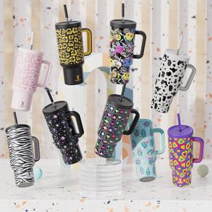 40oz patterned straw handle cup, 1 count multi-grid ice cube & leak-proof cup lid with silicone handle, insulated wide mouth and narrow bottom for easy cleaning and car loading