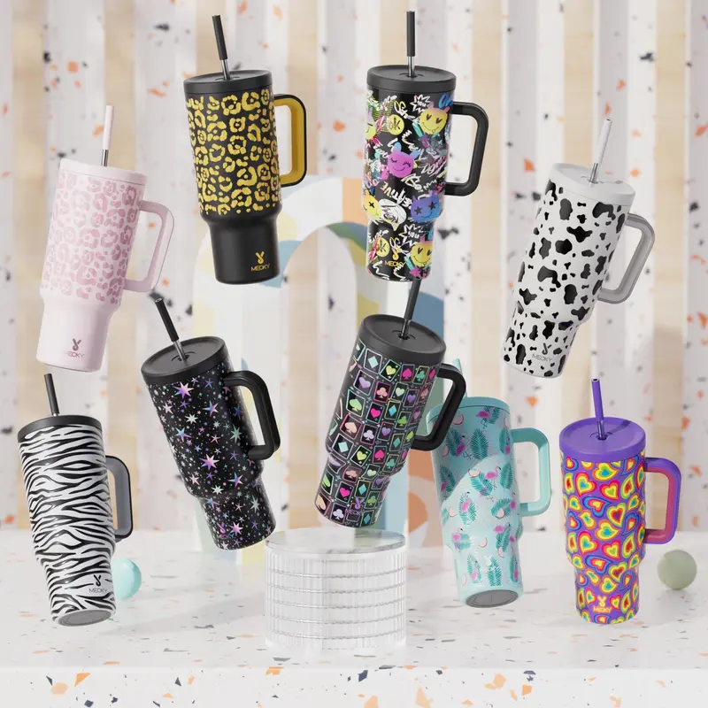 40oz Patterned Straw Handle Cup, 1 Count Multi-grid Ice Cube & Leak-proof Cup Lid with Silicone Handle, Insulated Wide Mouth and Narrow Bottom for Easy Cleaning and Car Loading, Tumbler Insulated Travel Drinkware