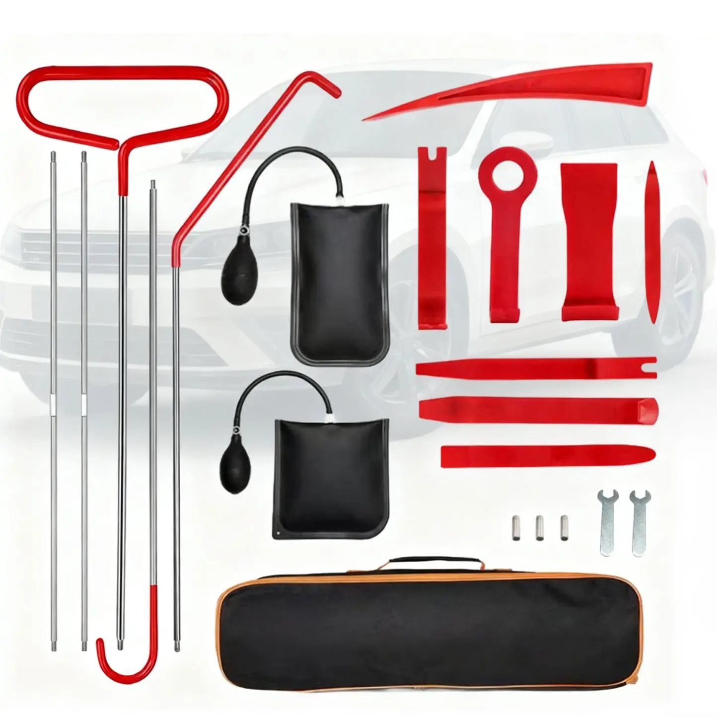 21-Piece Car Door Interior Repair Tool Set, Automotive Vehicle Tool, Automotive Repair Kit, Includes Air Pump, Window and Door Opening Clips, Long Handle Tools, Storage Bag