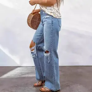 Jeans Women Ripped Straight Pants Washed High Waist Loose Jeans No.351 Blue Bottoms