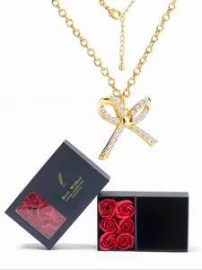 Bowknot Design Pendant Necklace with Rose Gift Box, Rhinestone Decor Necklace for Women for Gift, Fashion All-match Jewelry Accessories for Daily Wear